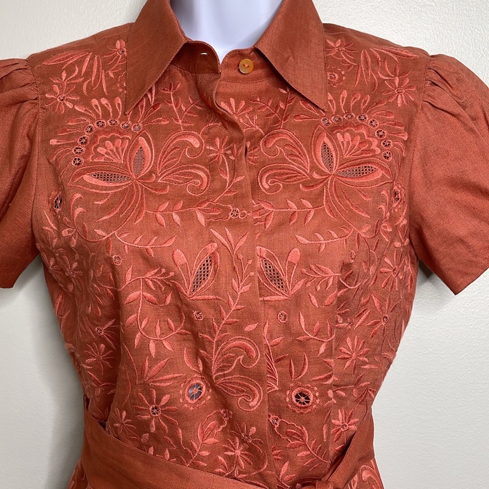 Lafayette 148 Coral Embroidered Button Front Belted Linen Blouse Size 4 Petite - Picture 2 of 12